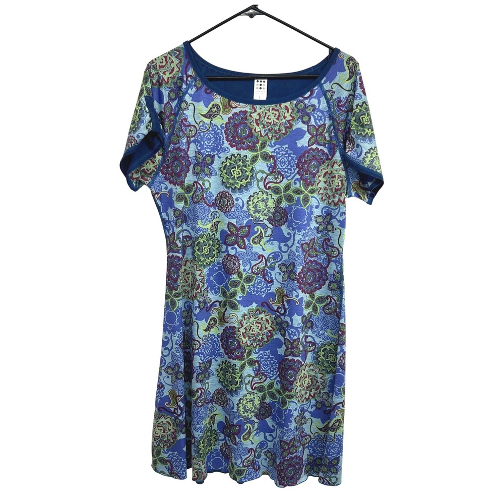 Title Nine Paisley Short Sleeve Active Dress Large Blue Boho Gorpcore Hiking